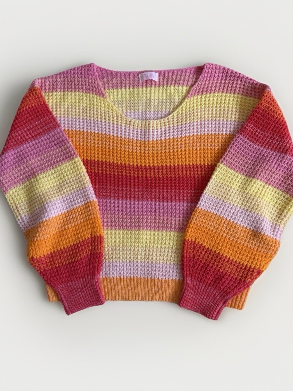 Boho Sunset Rainbow Striped Waffle Knit Light Sweater Summer Pink Lily M